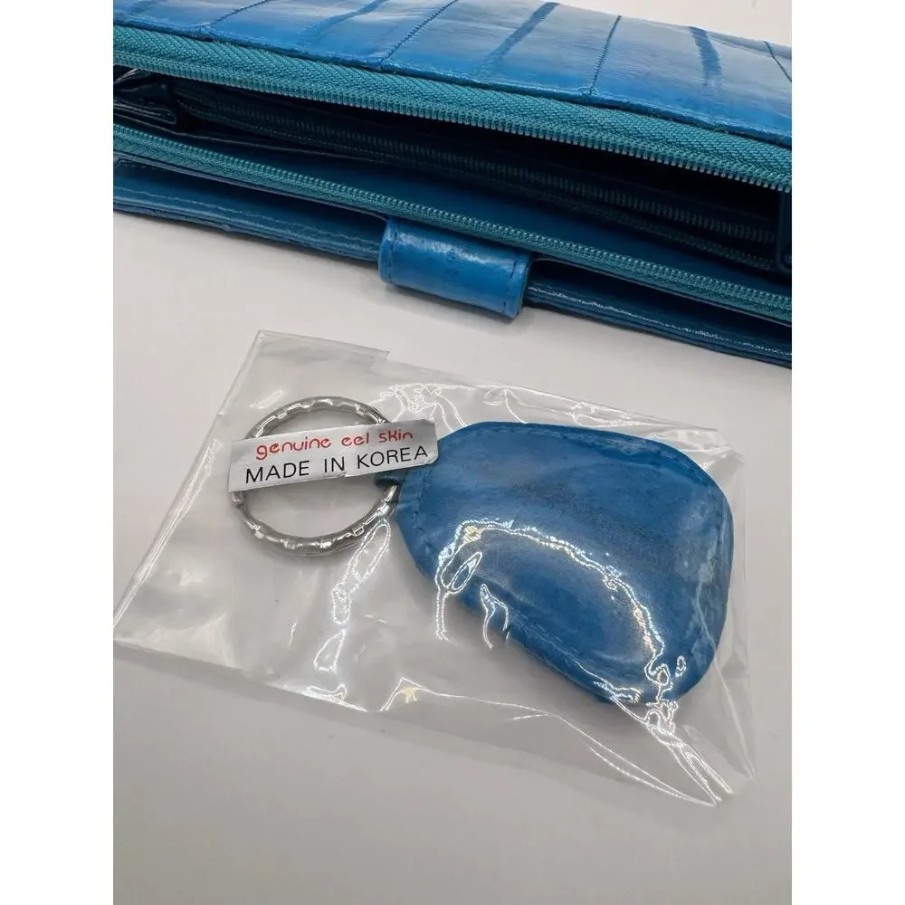 Eel Skin Leather Wallet Turquoise Blue Organizer Clutch + Keychain Vintage Teal - Picture 13 of 15
